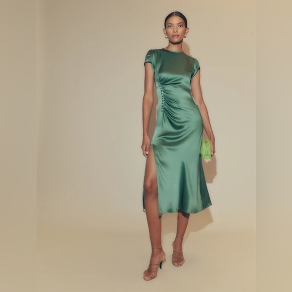 Reformation Tatianna Silk Button Slit Midi Short Sleeve Dress Bottle Green - Picture 2 of 10
